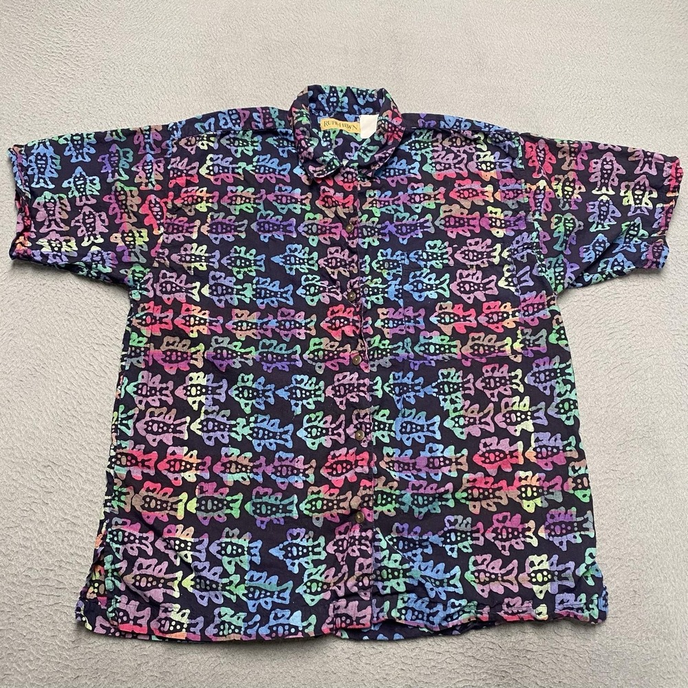 Ruff Hewn Shirt‎ Mens Medium Multicolor Fish Print Short Sleeve Button Up Casual